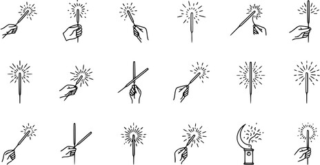 Naklejka premium Festive Sparklers Line Art Icon Set. Outline Glyphs Depicting Hands Holding Lit Fireworks for Holiday Celebrations and Parties.