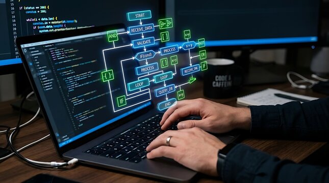 Programming Workflow and Algorithm Flowchart Visualization on Laptop with Coding Interface