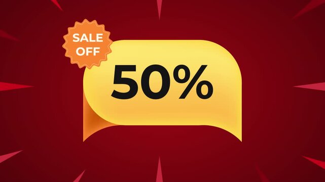 50% off sale banner with bold discount badge yellow bubble chat on red background for promotion ads marketing campaigns
