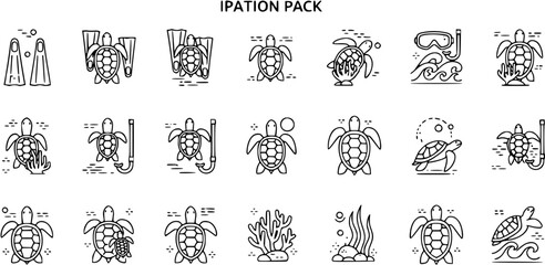 Black and White Line Art Icons of Turtles and Snorkeling Gear, Ocean Theme © vectorcorp