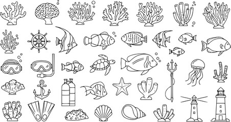 Black and White Line Art Collection of Underwater Objects and Marine Life for Ocean Theme © vectorcorp