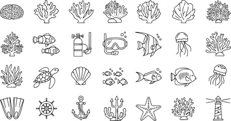 Underwater Ocean Life and Diving Icons Set, Black and White Line Art © vectorcorp