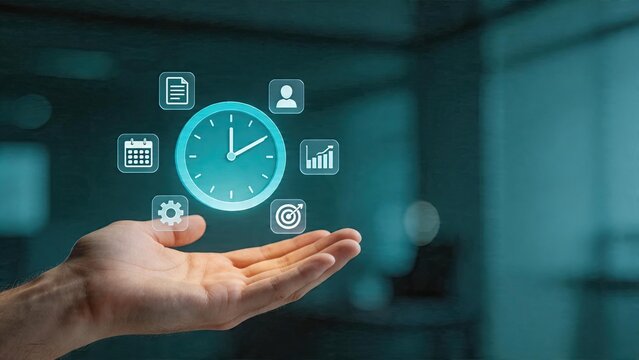 Business man holding management concept futuristic interface technology digital transformation planning scheduling teamwork productivity success goals strategy workflow