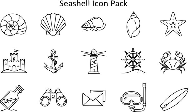 Seaside Summer Vacation Outline Icon Pack. Hand-drawn Black and White Line Art Collection featuring Seashells, Starfish, Anchor, Lighthouse, Marine Life, and Beach Elements.