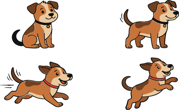 Cute puppy character set showing sitting standing running and jumping poses playful dog cartoon vector illustration isolated on background