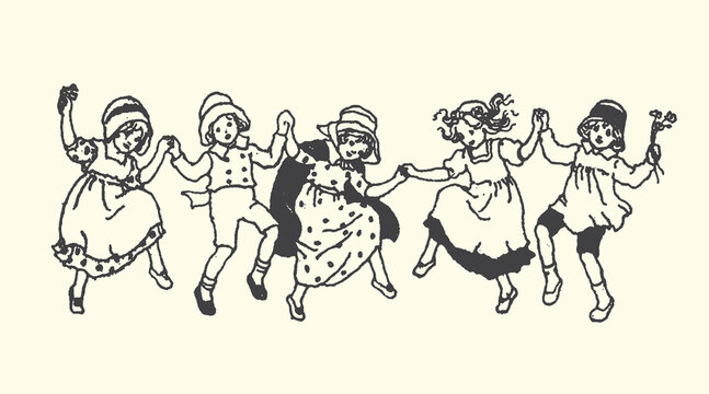 Five young children holding hands in a circle dancing with children childhood movement activity traditional clothing illustration celebration gathering togetherness community innocence