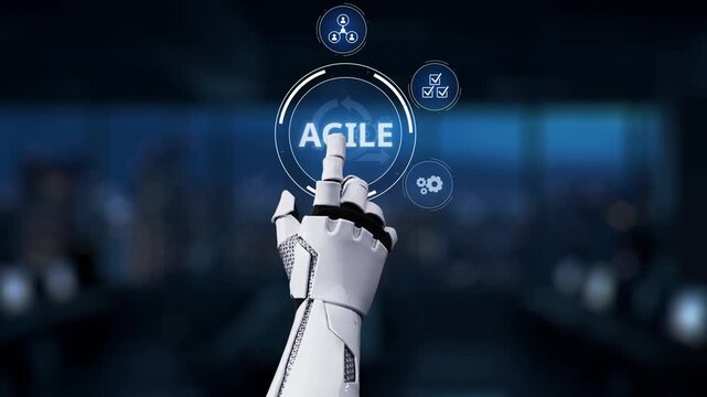 A modern robotic hand reaches out to touch a digital interface displaying the agile concept, highlighting innovation and technology in a business context. Synapse