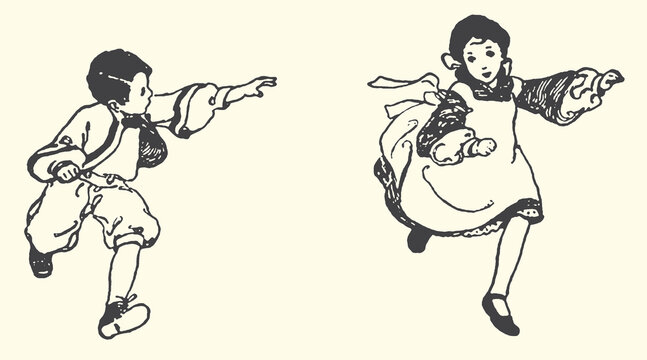 Two children in traditional clothing running and reaching out with children reaching outstretched childhood innocence movement activity traditional clothing historical illustration siblings