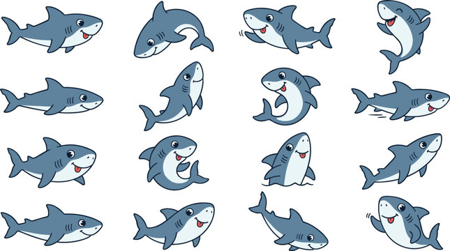 Cute shark characters collection with different poses and expressions playful ocean animal cartoon vector illustration isolated on background