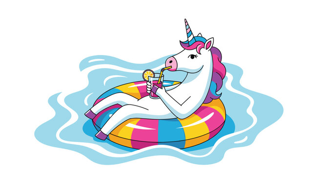 Fun and whimsical unicorn character wearing sunglasses and relaxing on a colorful pool float while drinking a tropical cocktail in the water.