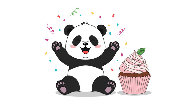Adorable cartoon panda sitting with its paws raised in celebration next to a large pink cupcake with sprinkles and colorful confetti in the air.