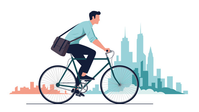 Active man riding bicycle while wearing shoulder bag against stylized city skyline background promoting urban commuting and healthy lifestyle.