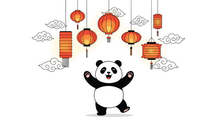 Fototapeta premium Happy cartoon panda dancing joyfully under several traditional red and orange chinese lanterns with clouds on background.