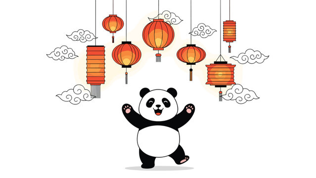 Happy cartoon panda dancing joyfully under several traditional red and orange chinese lanterns with clouds on background.