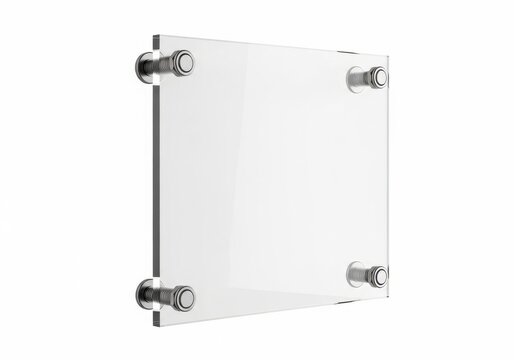 Modern glass panel with metal corner clips for wall mounting isolated on white background