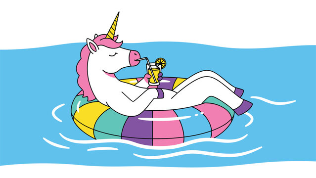 Whimsical unicorn relaxing on a colorful striped pool float while drinking a refreshing cocktail in bright blue water.
