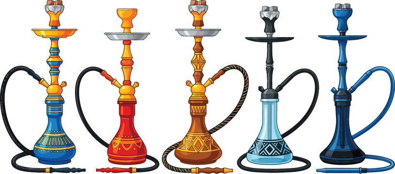 Hookah shisha collection with decorative water pipes in various colors traditional smoking devices detailed vector illustration isolated on background