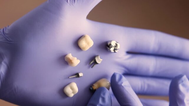 Close up of purple gloved hand holding dental crowns, implant with metallic pin, small metal parts and curved dental tool Highlighting prosthetic care and implantology workflow