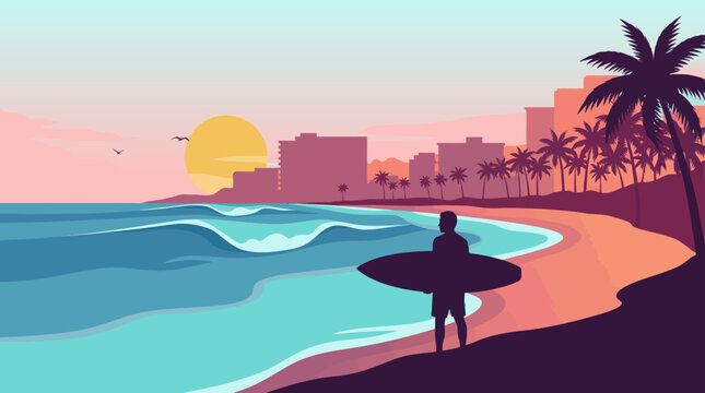 A vibrant flat design illustration captures a serene tropical beach sunset, featuring a lone surfer with a board enjoying the waves against a modern city skyline backdrop