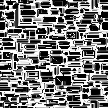 Seamless Sci-Fi Circuit Board Technology Pattern in Black and White