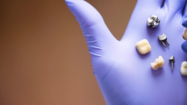 Close up of purple gloved hand holding dental crowns, implant with metallic pin, small metal parts and curved dental tool Highlighting prosthetic care and implantology workflow
