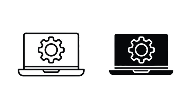 Computer laptop settings icon set featuring outline and solid line art styles for technical interface design and software configuration graphics