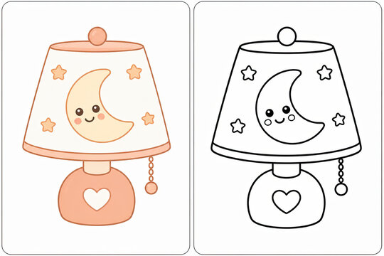 Adorable Children's Night Lamp Design with Moon and Stars Illustrations in Color and Black Outline