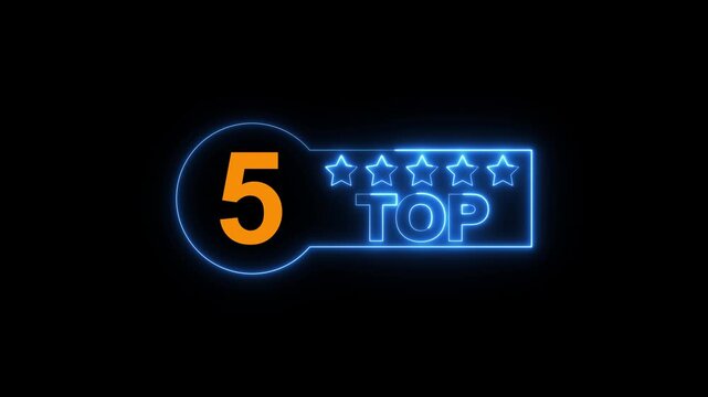 Neon Ratting five star icon animation. Glowing Customer satisfaction feedback 5 stare review icon motion. Top rating five star customer feedback icon 4k video footage.