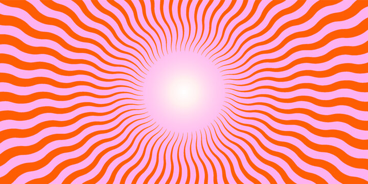 Optical illusion background. Red and pink abstract distorted wavy lines surface. Radial waves poster design. Trippy sunburst illusion wallpaper. Vector spinning hypnotic illustration