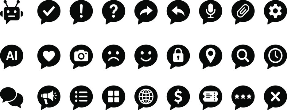 Set of black flat communication chat bubble icons