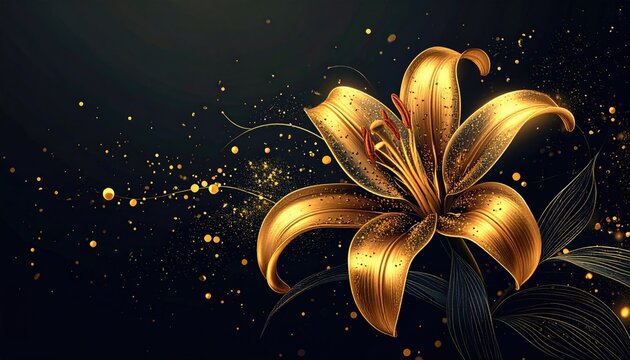 Gleaming golden lily with shimmering particles on dark background