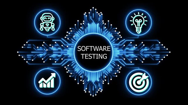 software testing logo on glowing circuit board network, connected business icons for finance, analytics, partnership, growth and innovation on black background