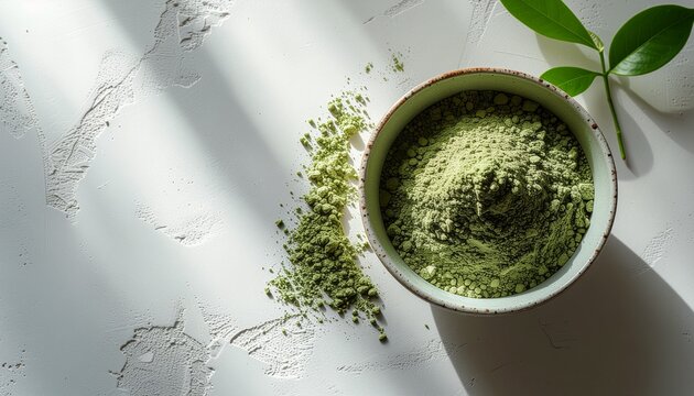 自然光が差し込む白い漆喰背景の抹茶粉フラットレイ