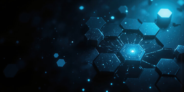 Black-to-navy gradient with pixelated hexagon clusters slowly breaking apart, symbolizing digital entropy, cybersecurity awareness, and decentralized transformation, lit with soft