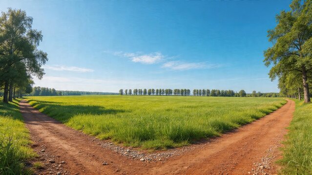 Summer countryside landscape Yshaped dirt fork road green field with grass row of trees on horizon blue sky with clouds nature scenery