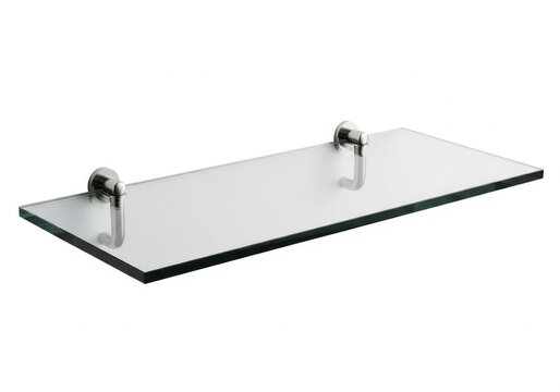Modern glass shelf with chrome edge supports isolated on white background