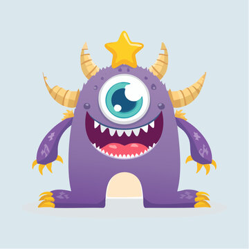 Cute Purple One-Eyed Monster with Horns and Star