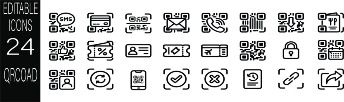 QR code web icons in line style. Scanning, coding, information, QR code, sign, identification. Vector illustration.