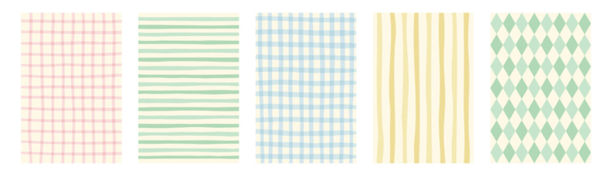 Set of hand drawn pattern featuring soft plaid, stripe, and diamond designs. Minimal modern posters in vintage colors. Whimsical cottagecore decorative backgrounds