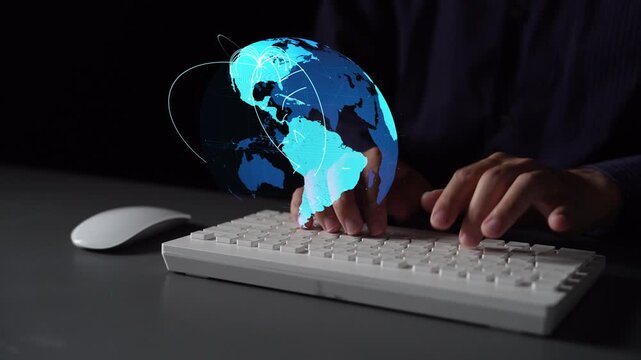 Global network connection visualization showing data exchange, digital link, worldwide communication. Global data flow and digital network infrastructure connecting regions around the world. Thunk