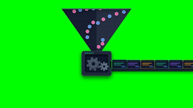 Flat Motion Graphics of Big Data Funnel Filtering Information into Structured Cards Chroma Key