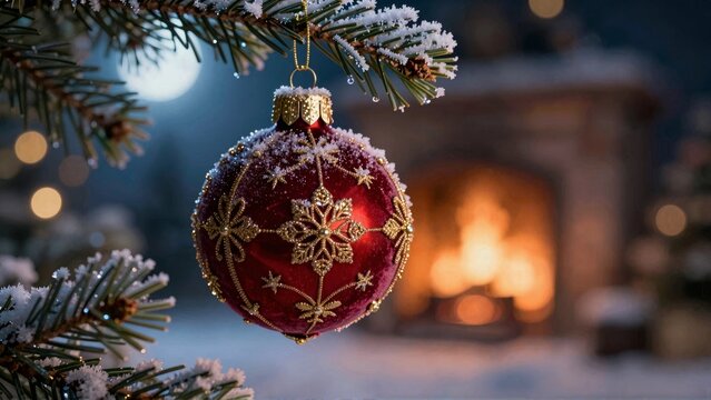 Red Christmas Ornament on Snowy Branch with Cozy Fireplace Bokeh