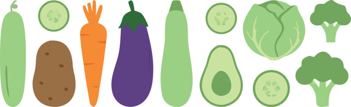 Collection of fresh vegetable flat icons including carrot eggplant avocado broccoli and cabbage for healthy eating design