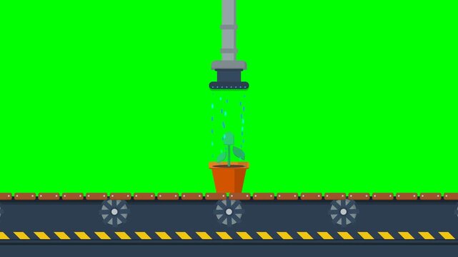 Automated Plant Watering System on Factory Conveyor Belt Animation for Smart Agriculture Concepts