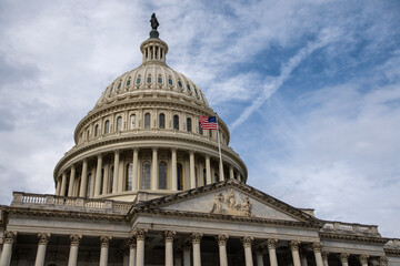 Obraz premium Capitol architecture in Washington DC cityscape. Capitol dome monument United States. Capitol symbol American government. Capitol iconic exterior USA.