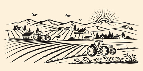 Rural landscape with tractors and farmland black and white line drawing illustration high quality professional © RanjanKumar