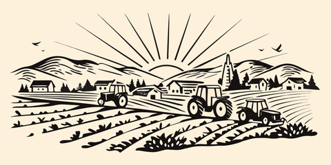 Rural landscape with tractors and farmland vintage style illustration on a cream background high quality © RanjanKumar