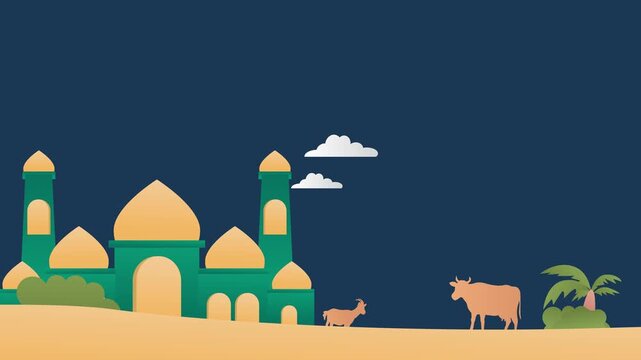 Vibrant Eid Mubarak animation featuring a modern masjid and moving livestock. A clean, flat design ideal for social media greetings.
