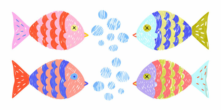 Colorful watercolor fish pair facing each other with bubbles hand painted style high quality professional