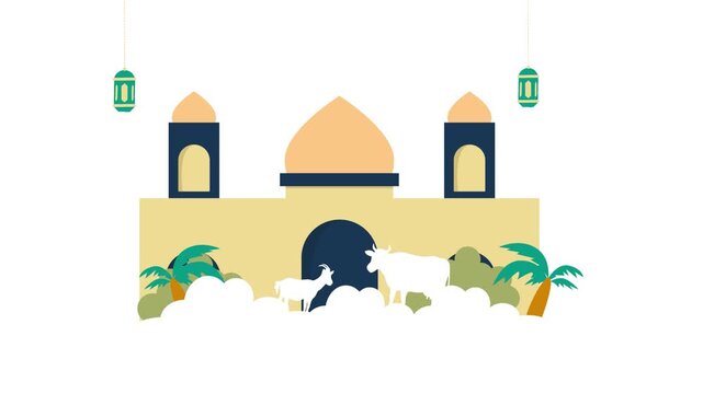 Festive flat illustration of a mosque with animated sacrificial animals. Perfect motion graphics for Eid al-Adha stories and website headers.